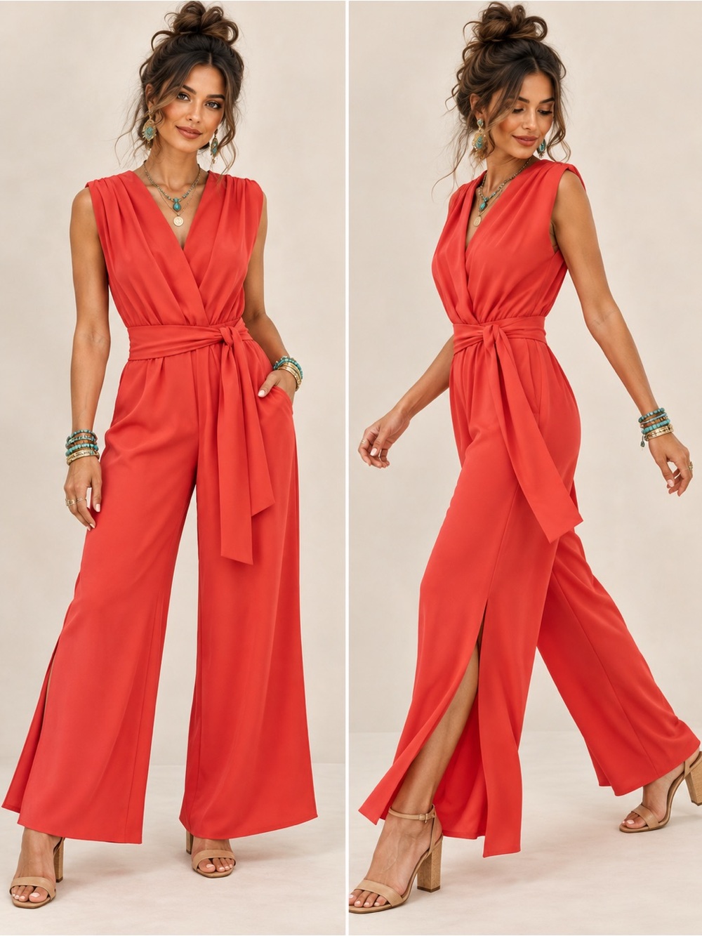 Aaron & Amber Sleeveless Wrap Jumpsuit with Waist Tie